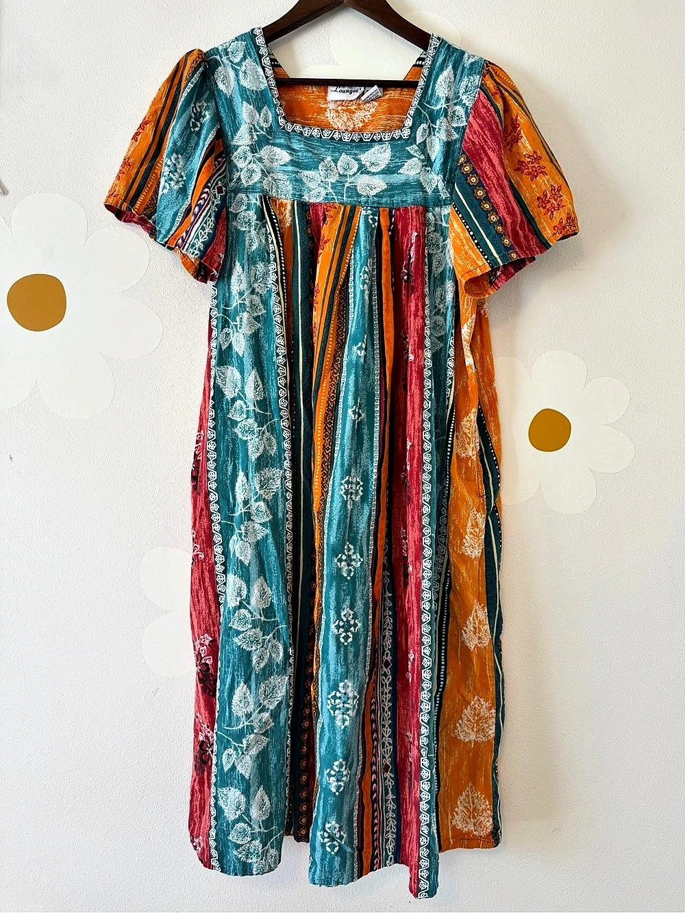 Vintage Loungees Cotton Floral House Dress w Pockets Square Neck Contrast Yoke